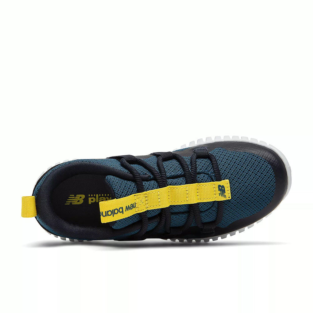 Top view of a kid&#39;s New Balance Playgruv Rogue Wave athletic shoe with yellow accents.