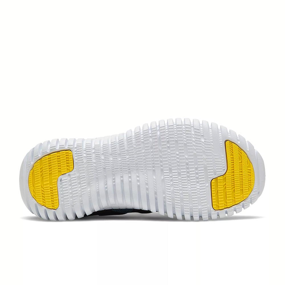 New Balance Playgruv Rogue Wave kid’s athletic shoe with a white sneaker sole and yellow accents.