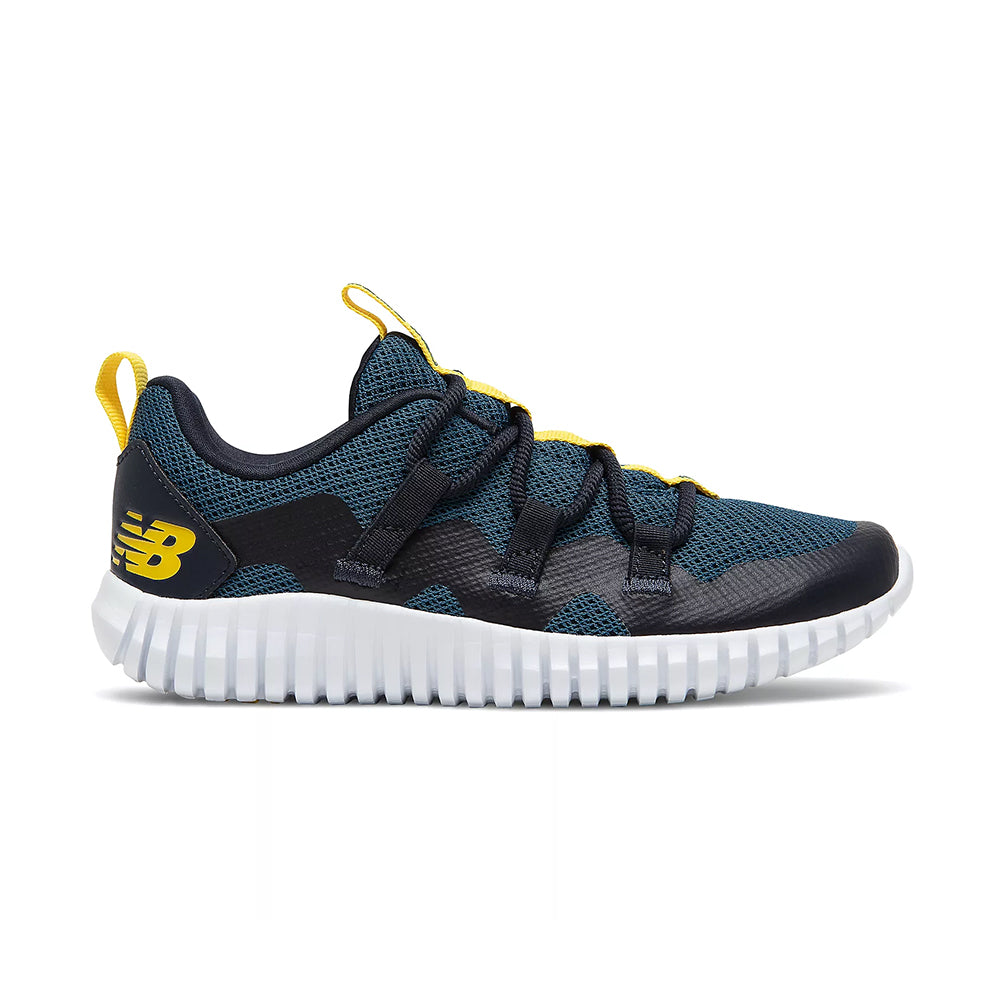 A single blue and yellow New Balance Playgruv Rogue Wave kid’s athletic shoe with a lightweight synthetic mesh upper and a white sole displayed against a white background.