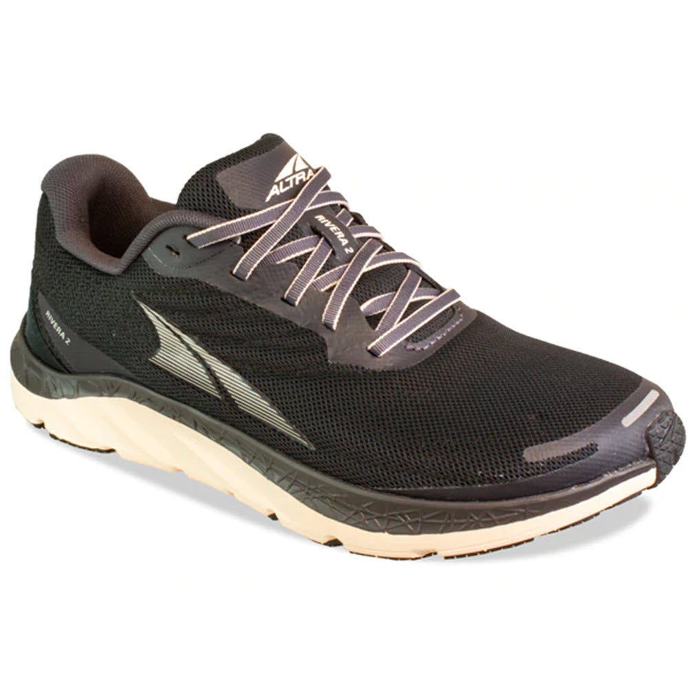 A black Altra Rivera 2 athletic running shoe with reflective accents and an Altra EGO midsole.