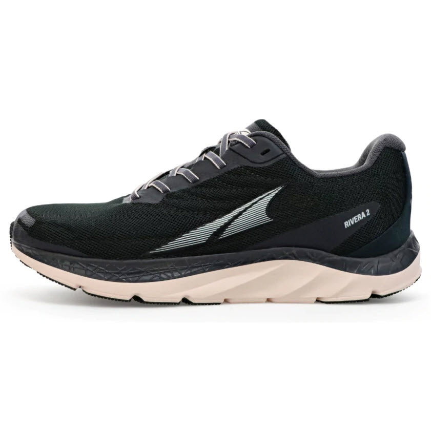 Side view of a black and beige Altra running shoe with an Altra EGO midsole.