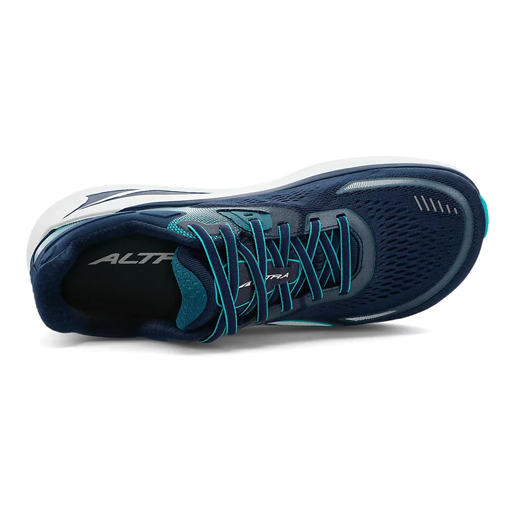 A top view of a single Altra Paradigm 6 Dark Blue women&#39;s athletic shoe with green laces, white accents, and GuideRail support system.