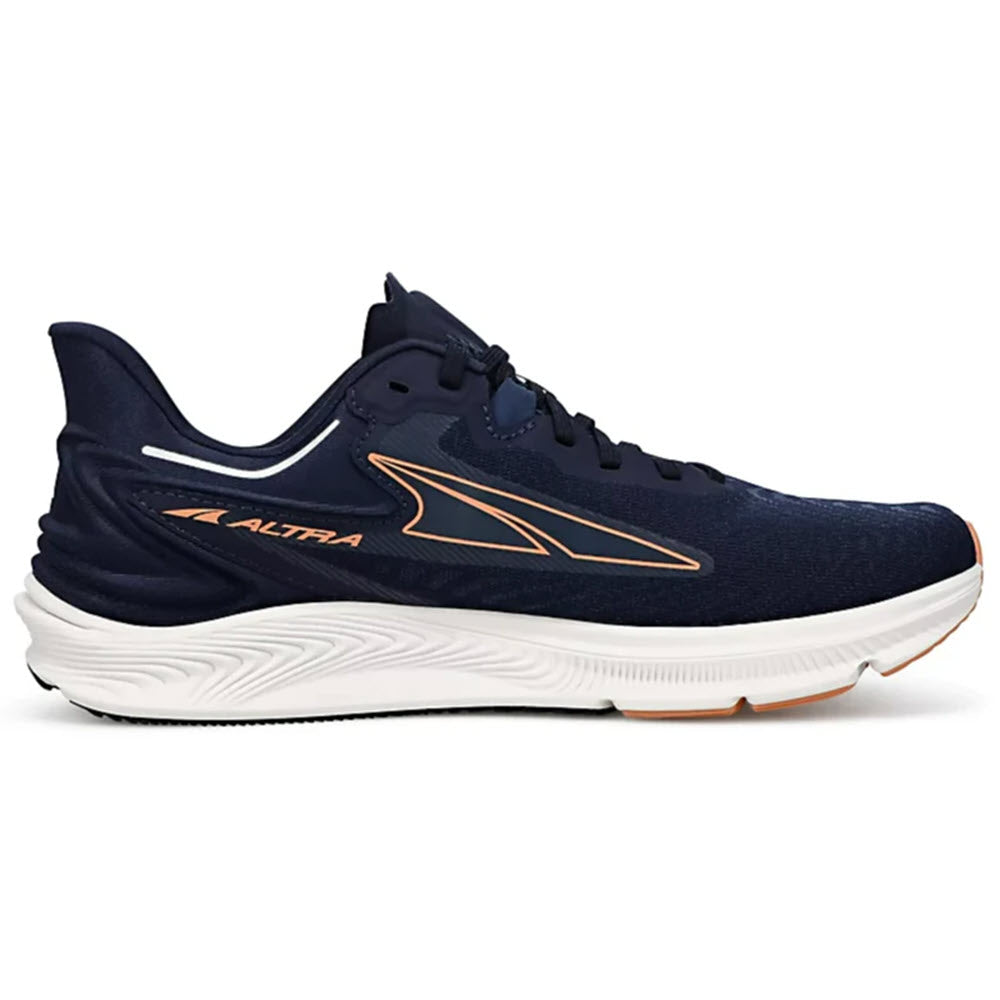 Navy blue Altra Torin 6 running shoe with white sole and orange accents, featuring Standard FootShape™ fit.