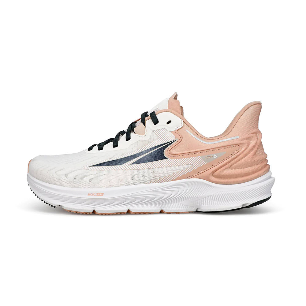 Side view of a white and peach-colored ALTRA TORIN 6 running shoe with prominent SoleShape™ cushioning and a sleek design, featuring the best-selling road shoe&#39;s Altra EGO™ MAX midsole.