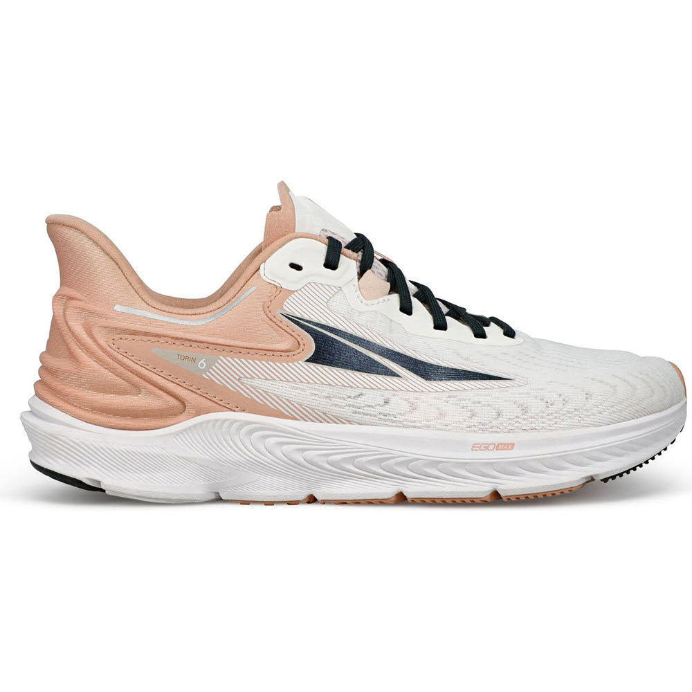 A single white and peach-colored Altra Torin 6 White - Womens road shoe with a wavy sole design and a lace-up front.