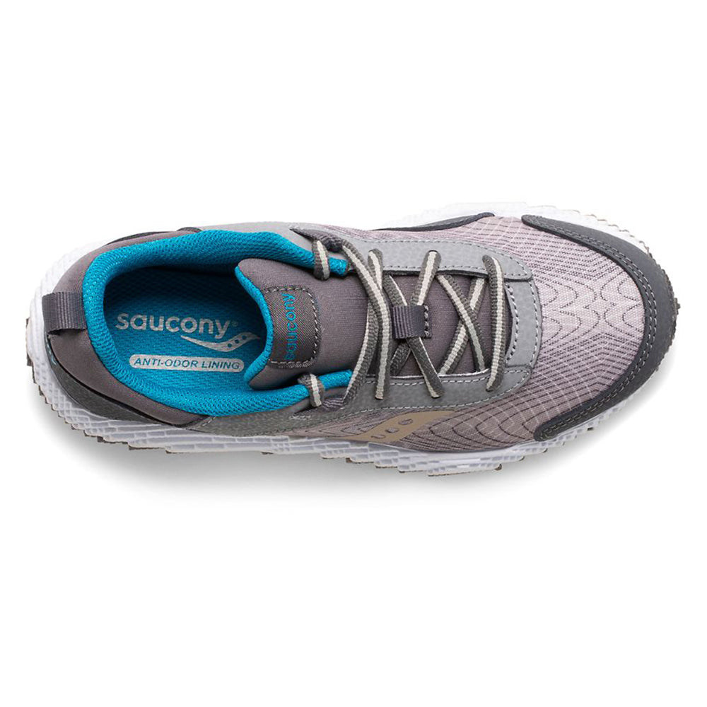 A single Saucony SAUCONY VOXEL 6000 GREY/BLUE/GOLD - KIDS brand kids athletic trail running shoe with anti-odor lining, viewed from above.