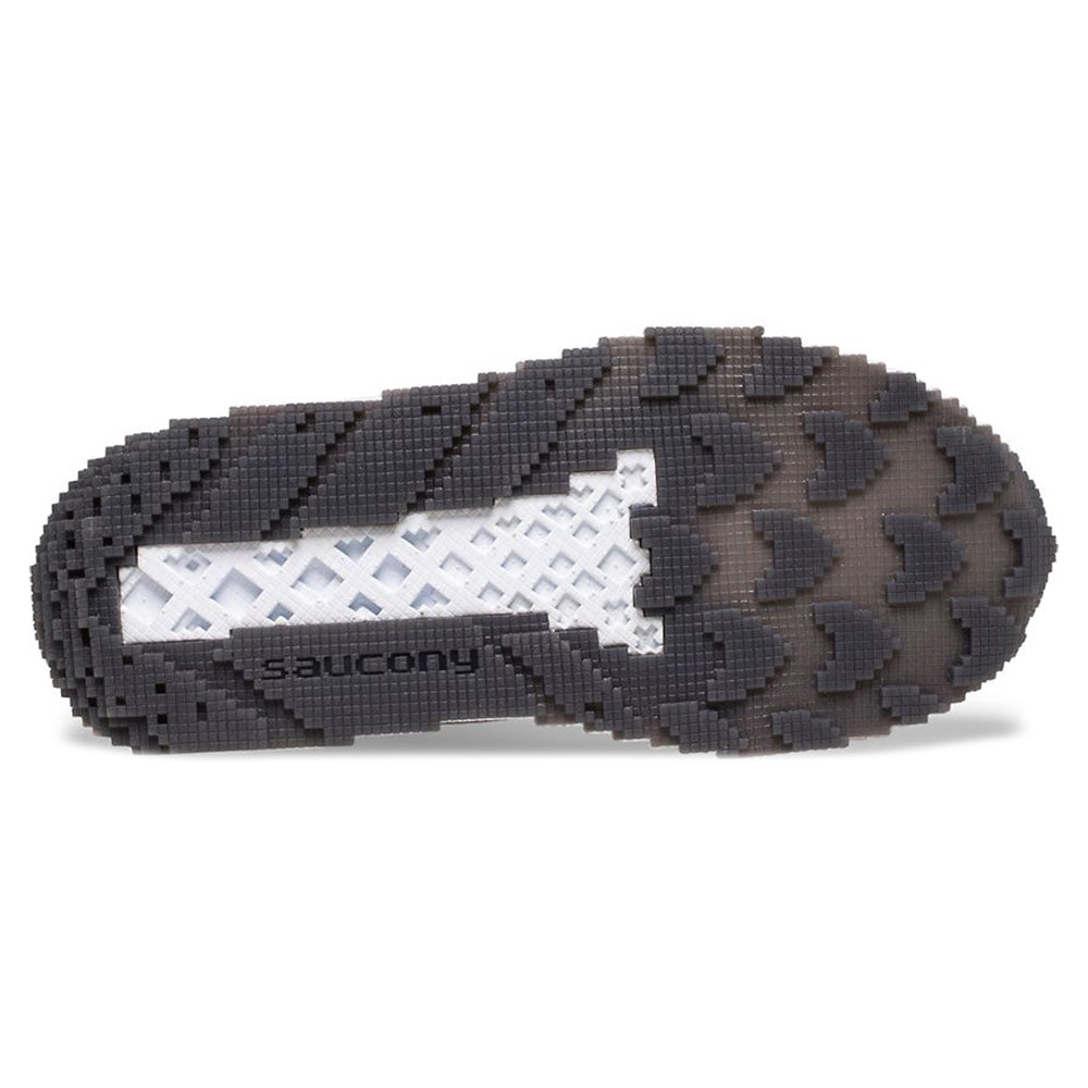 Tread pattern of a Saucony Voxel 6000 Grey/Blue/Gold - Kids athletic shoe sole.