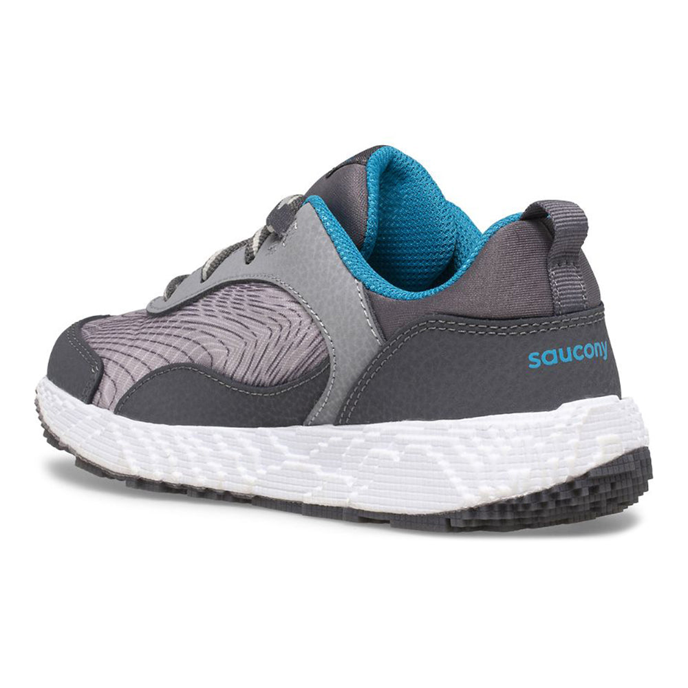 Gray and blue Saucony Voxel 6000 kids athletic shoe with a non-marking rubber outsole on a white background.