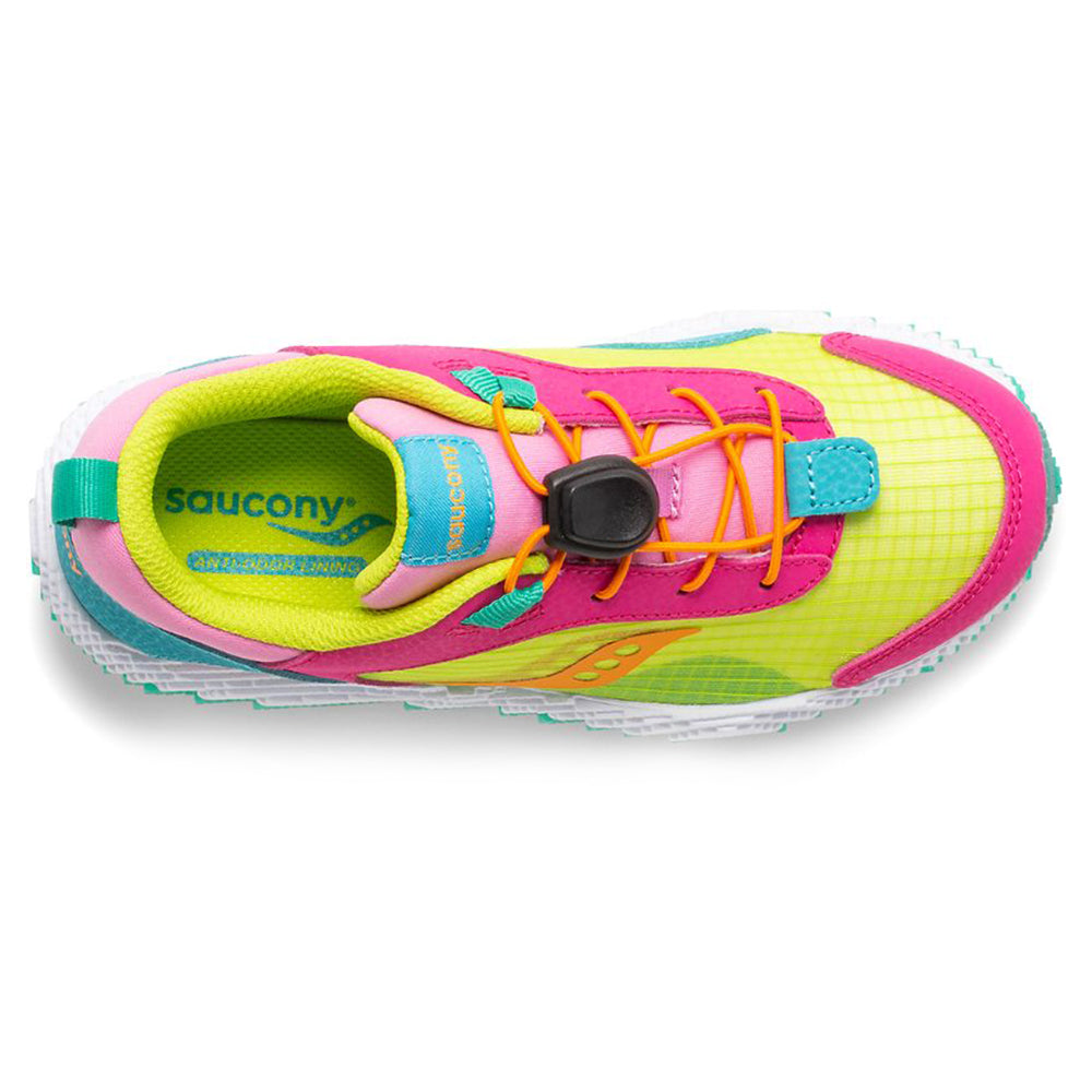 Top-down view of a colorful Saucony Voxel 6000 Grey/Blue/Gold kids athletic shoe with attached timing chip and non-marking rubber outsole.