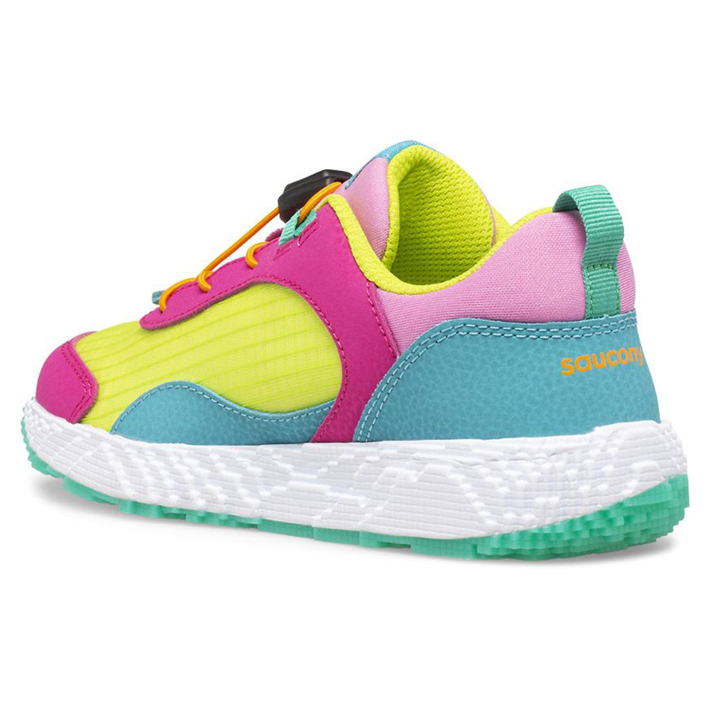 A colorful Saucony Voxel 6000 Grey/Blue/Gold sneaker with pink, yellow, green, and blue panels, and white sole.