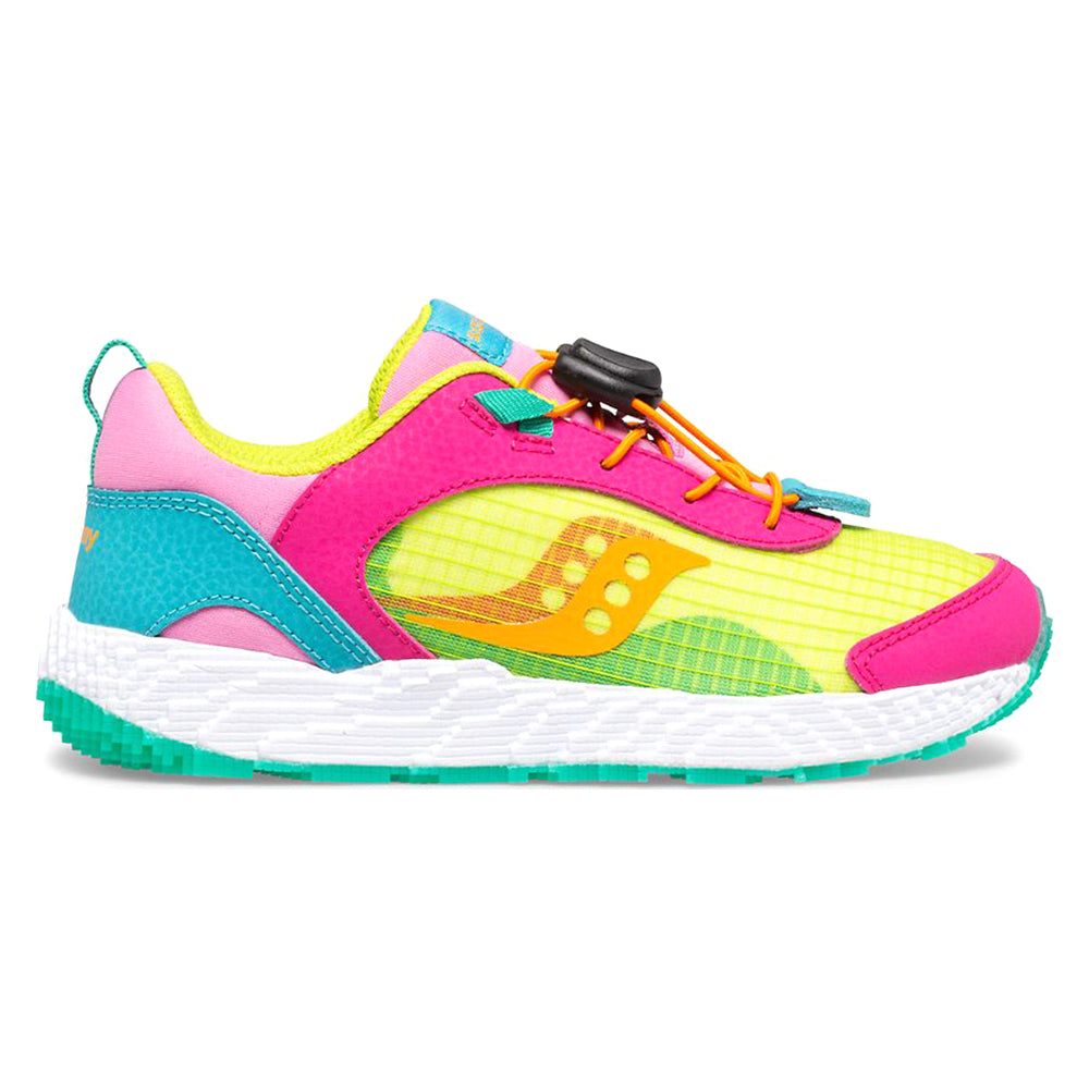 Colorful Saucony Voxel 6000 Grey/Blue/Gold running shoe with a no-tie lacing system and a non-marking rubber outsole.