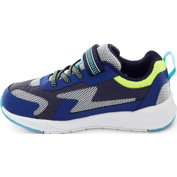 A side view of a Stride Rite Lighted Cosmic Navy Multi - Kids sneaker with white mesh, neon accents, and light-up technology.