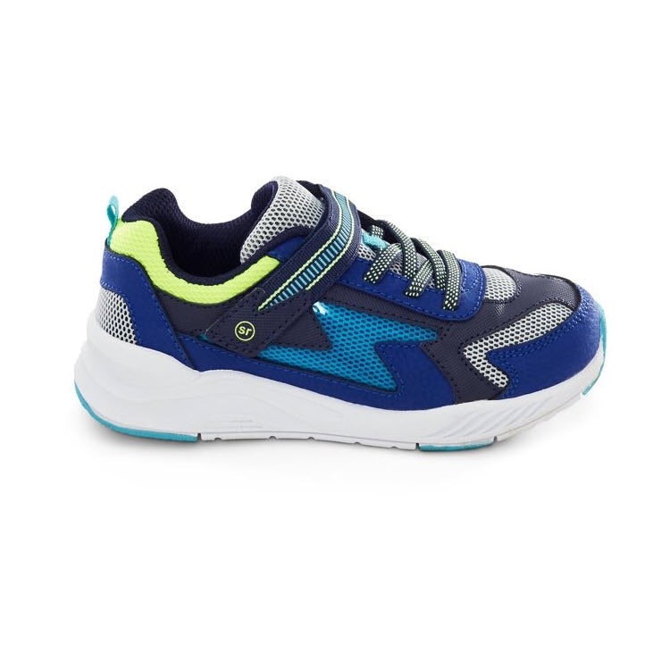 Blue and black Stride Rite Lighted Cosmic Navy Multi Kids Sneakers with white sole, green accents, and innovative light-up technology.
