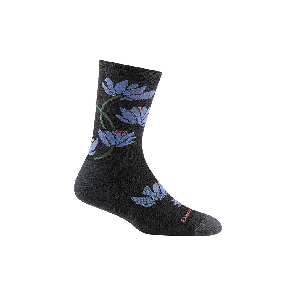 A single black Darn Tough Merino Wool sock with a blue floral pattern displayed against a white background.