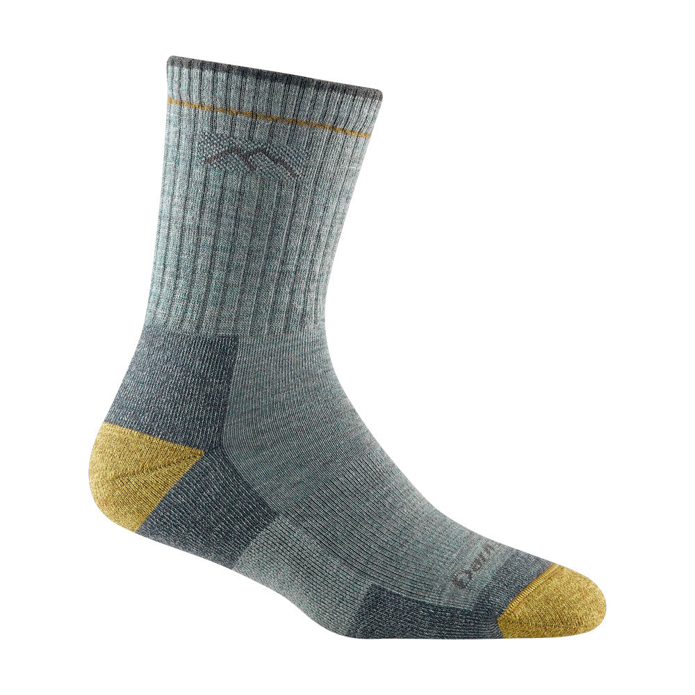 A single gray Darn Tough Hiker Micro Crew sock with yellow accents on the toe and heel, and a blue pattern on the ankle, displayed against a white background.
