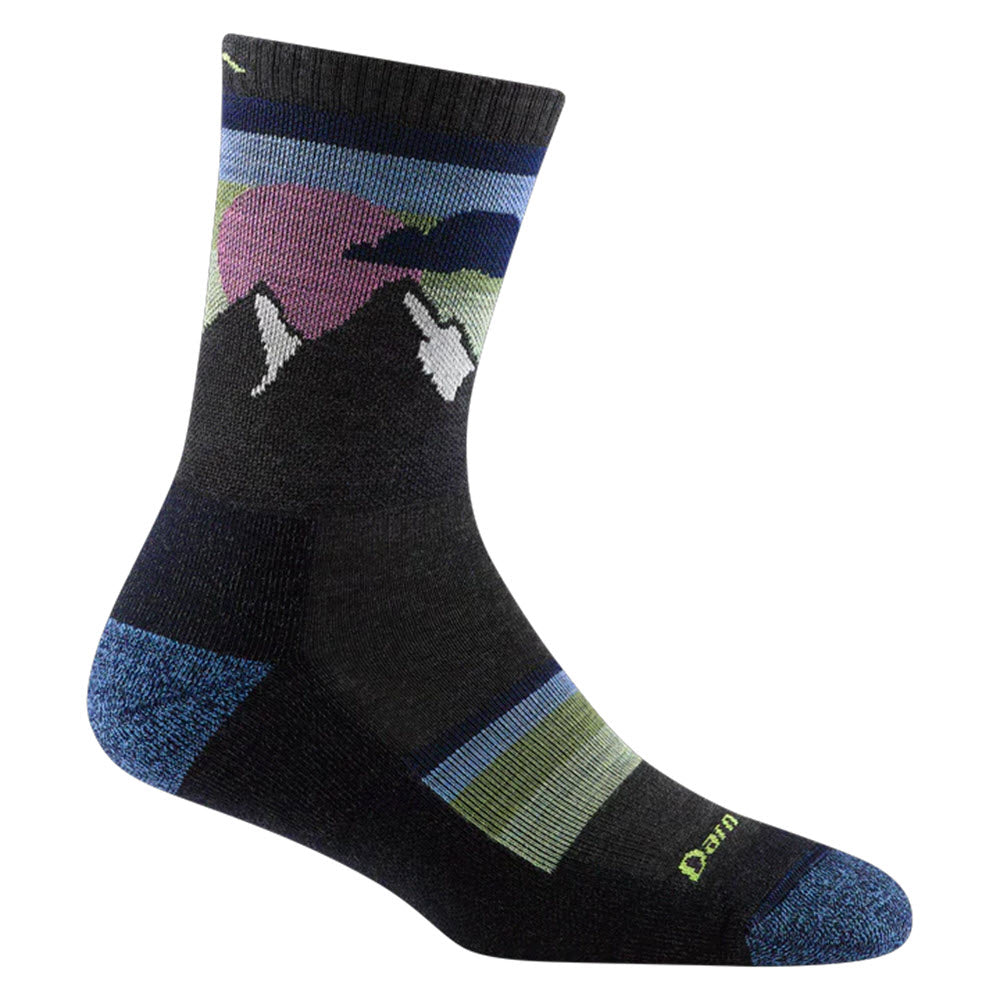A lightweight hiking sock with a patterned mountain design and the Darn Tough brand name on display, featuring Micro Crew height perfect for trail shoes.