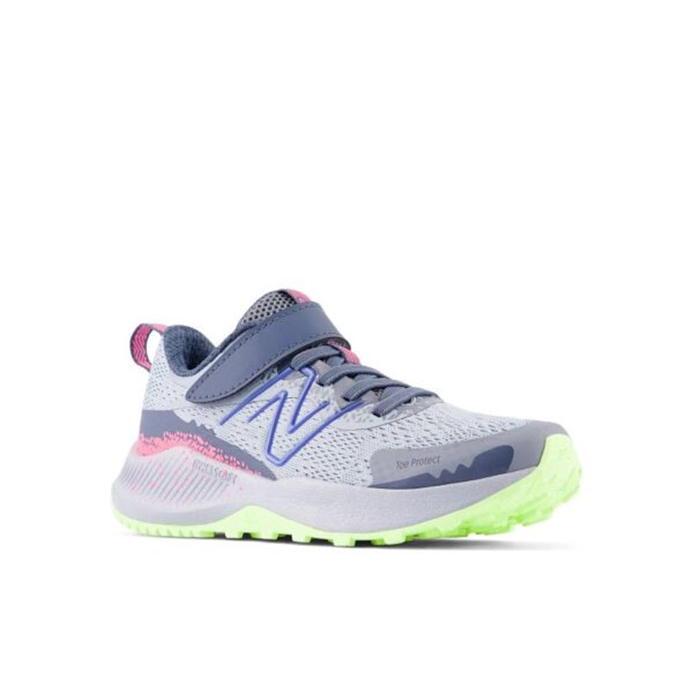 A single New Balance DynaSoft Nitrel V5 AC Starlight kids&#39; running shoe with blue laces, neon green soles, and pink accents, displayed on a white background.