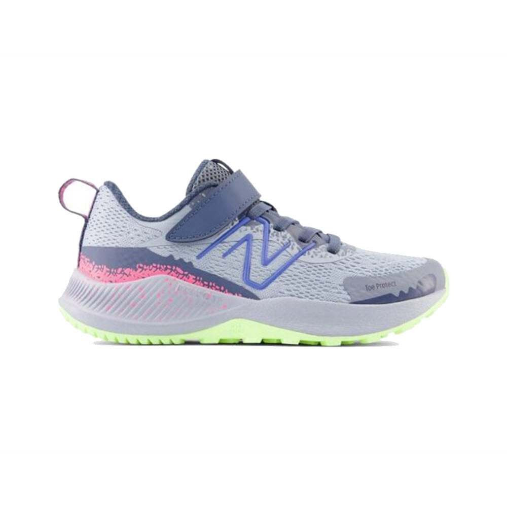 A New Balance DynaSoft Nitrel V5 AC Starlight kids&#39; running shoe in gray with a neon green sole and pink accents, featuring a prominent &quot;n&quot; logo on the side.