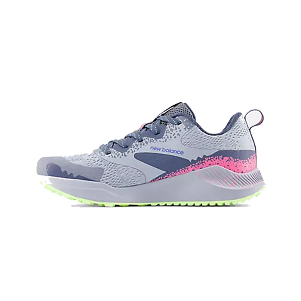 A New Balance DynaSoft Nitrel V5 Starlight - Kids running shoe in gray with pink accents and a green sole, displayed on a white background.