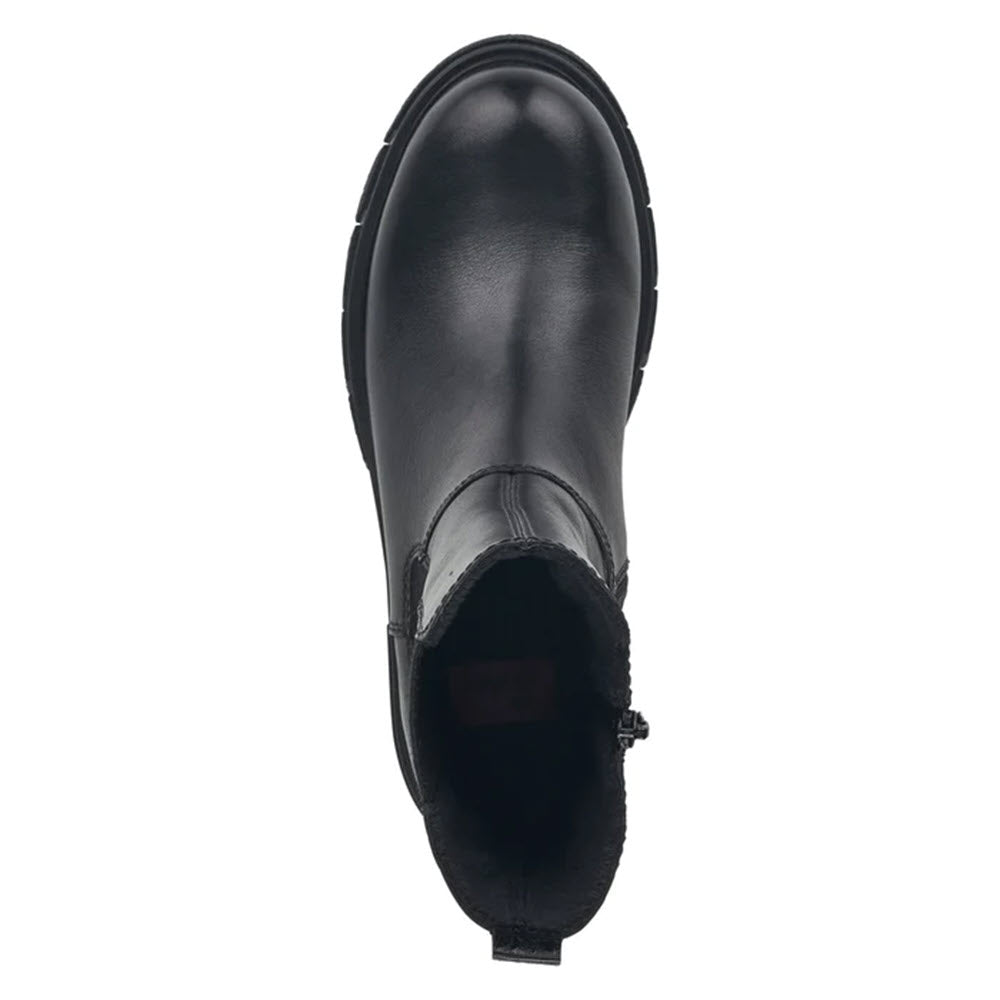 Top view of a black leather Rieker Chelsea boot with elastic gore panels.