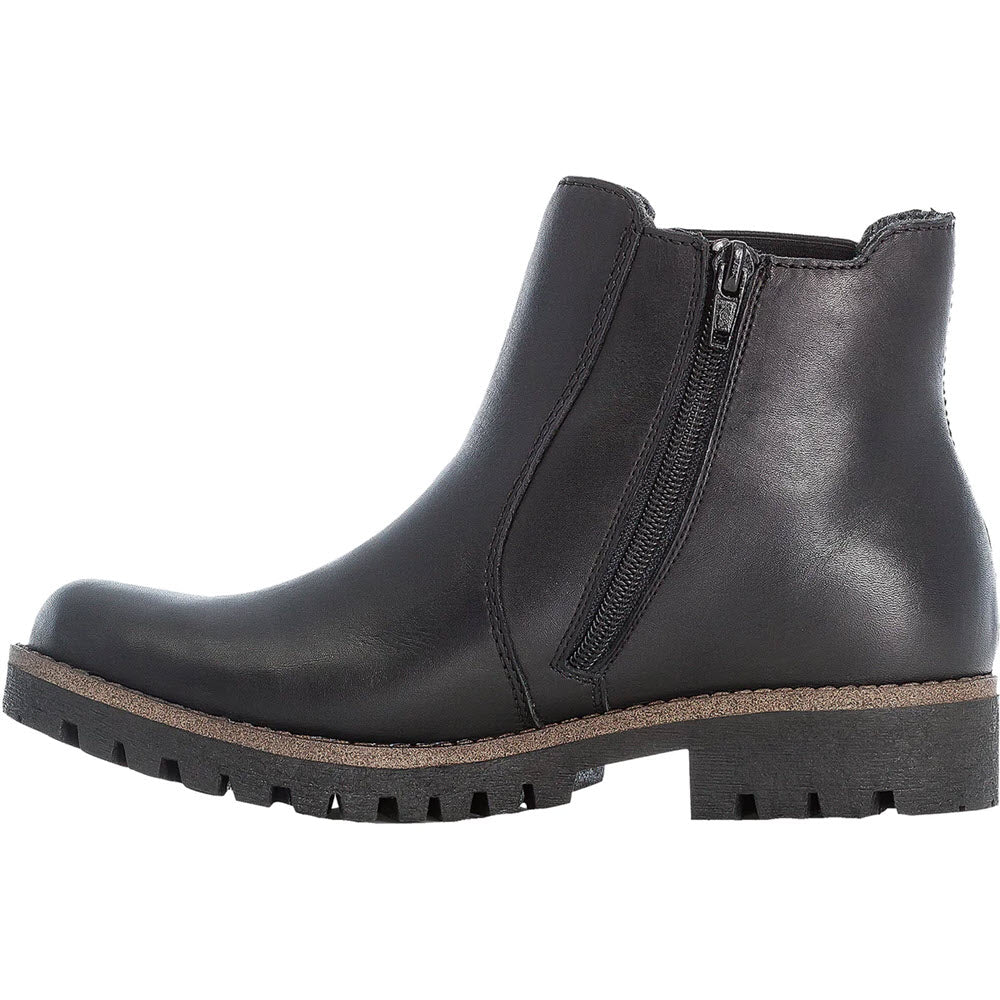 Rieker black leather Chelsea ankle boot with side zipper, treaded sole, and anti-stress interior support technology.