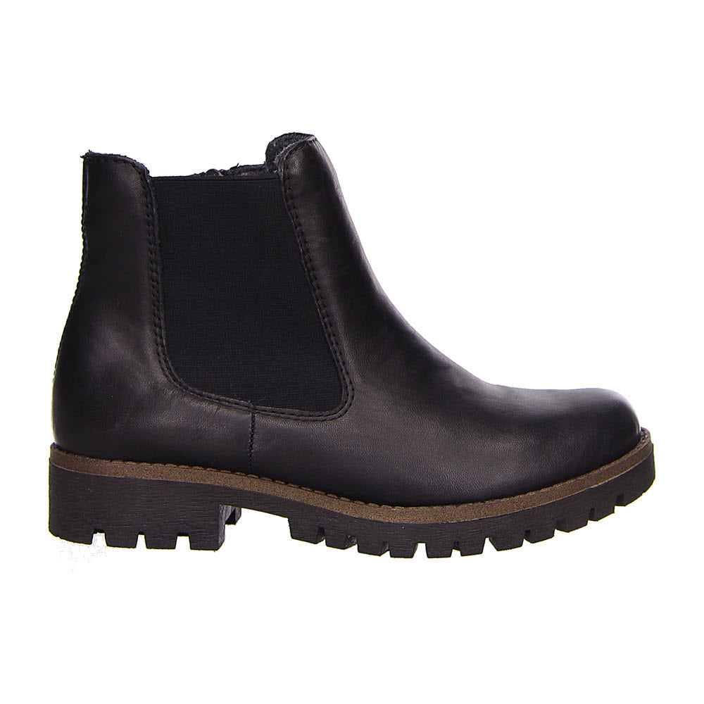 Rieker black leather Chelsea ankle boot with elastic side panel and a chunky tread sole, featuring interior support technology.