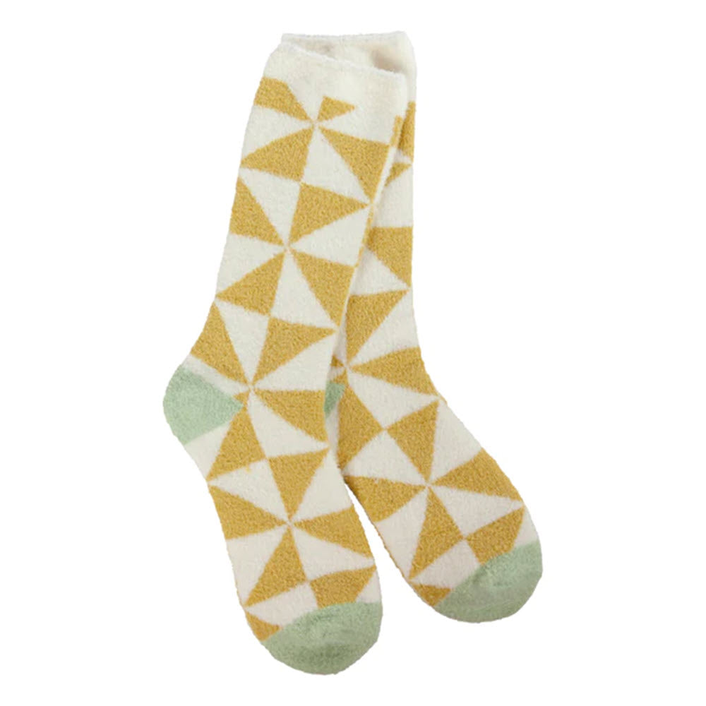 A pair of Worlds Softest Cali Crew Socks Triangle Gold for women with a distinctive geometric triangle pattern in yellow, white, and green colors, offering ultra-soft comfort.
