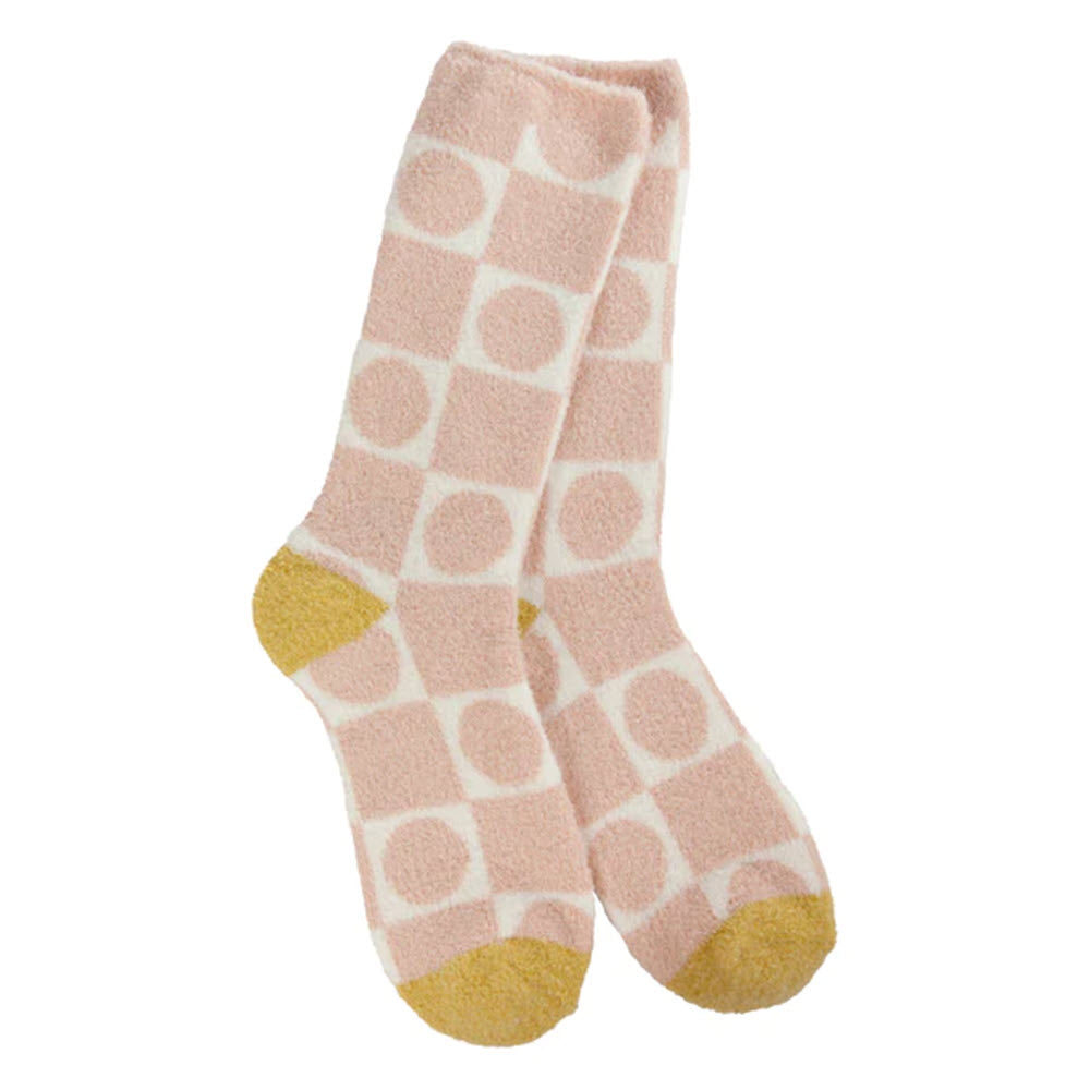 A pair of Worlds Softest Cali Crew Socks Geo Rose with yellow toes.