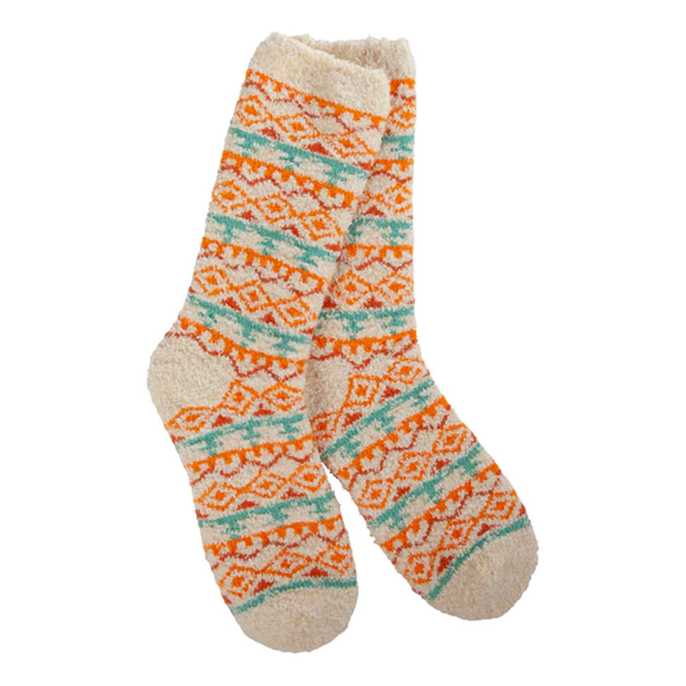 A pair of Worlds Softest winter crew socks in wheat color isolated on a white background.