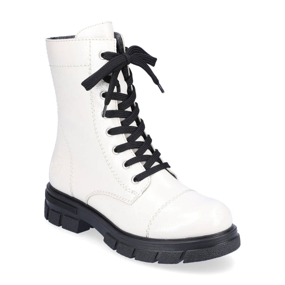 RIEKER CHUNKY SOLE COMBAT BOOTIE WINTER WHITE PATENT - WOMENS
