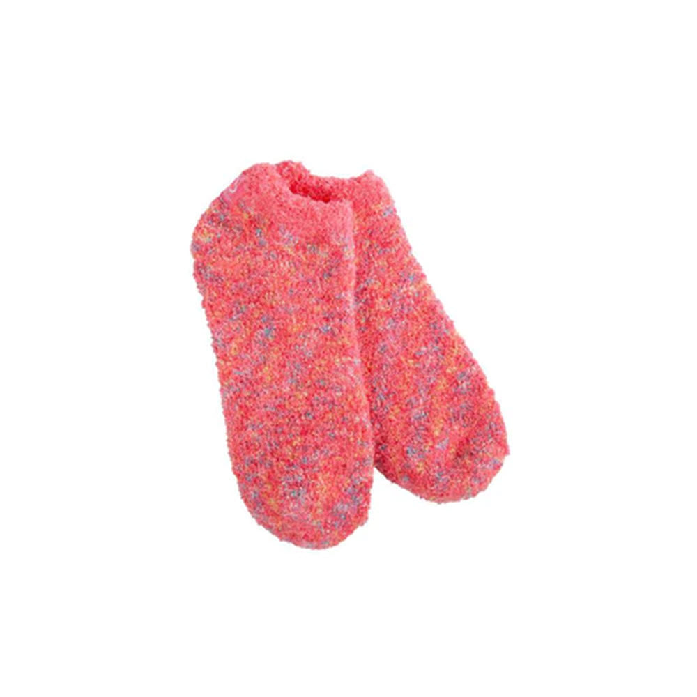 A pair of Worlds Softest cozy footsie socks in pink multi isolated on a white background.