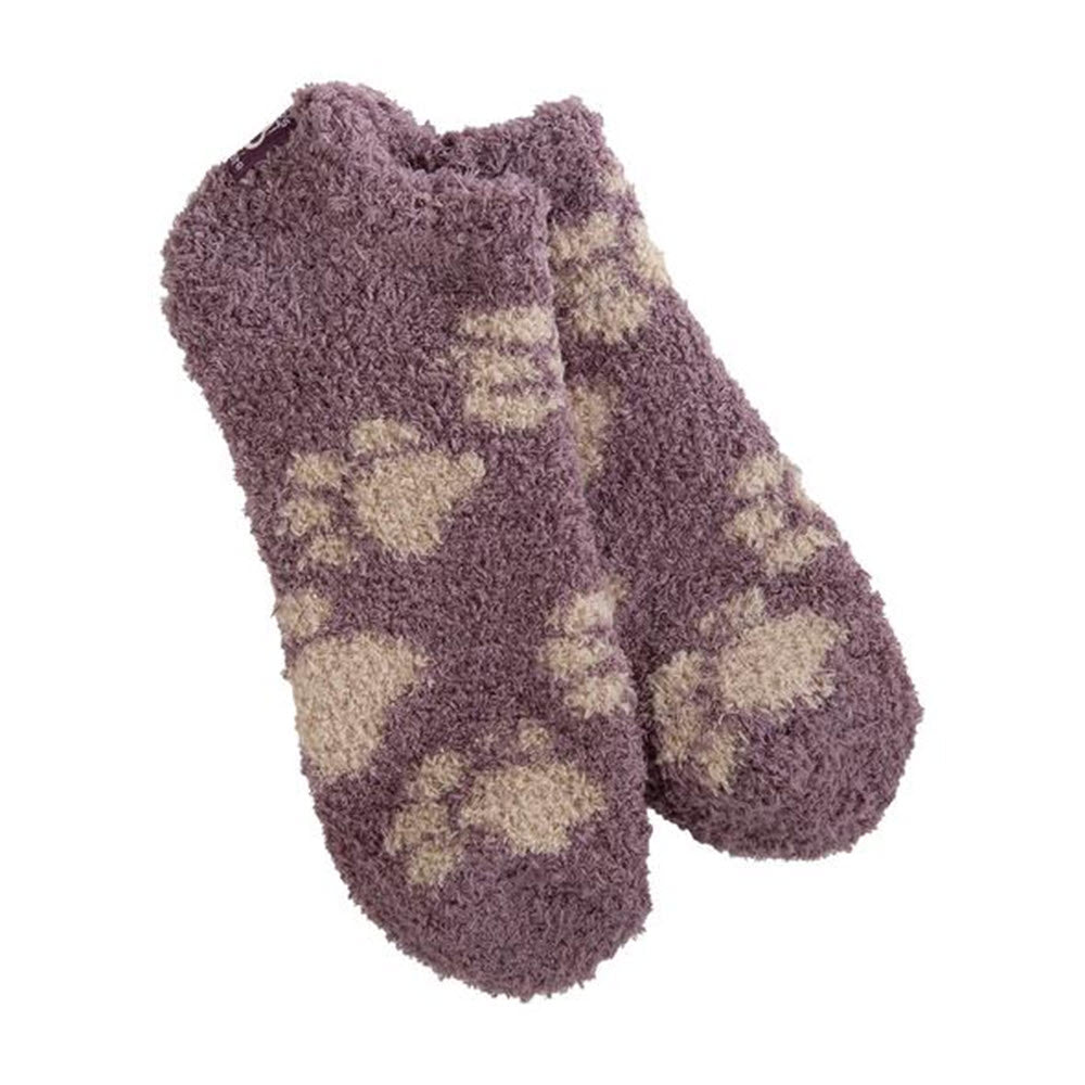 Pair of soft, purple fluffy Worlds Softest Cozy Low socks with lighter heart patterns on a white background.