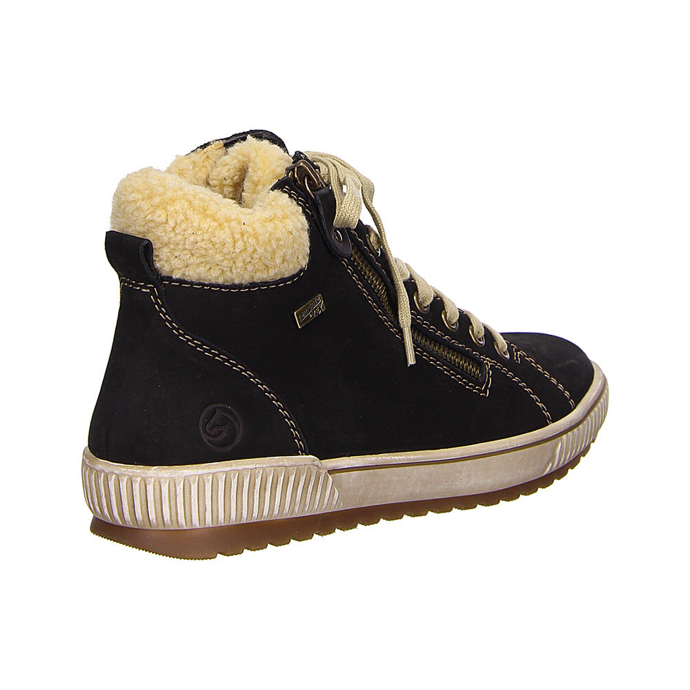 Remonte black high-top sneaker with fleece lining, zipper, and RemonteTEX waterproof material.