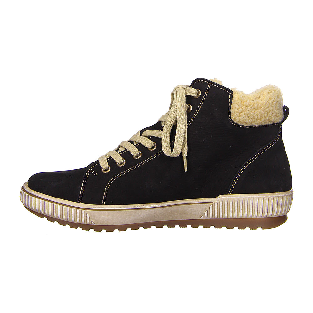 A single Remonte Teddy Collar high top black winter boot with a fur lining and light brown laces against a white background.