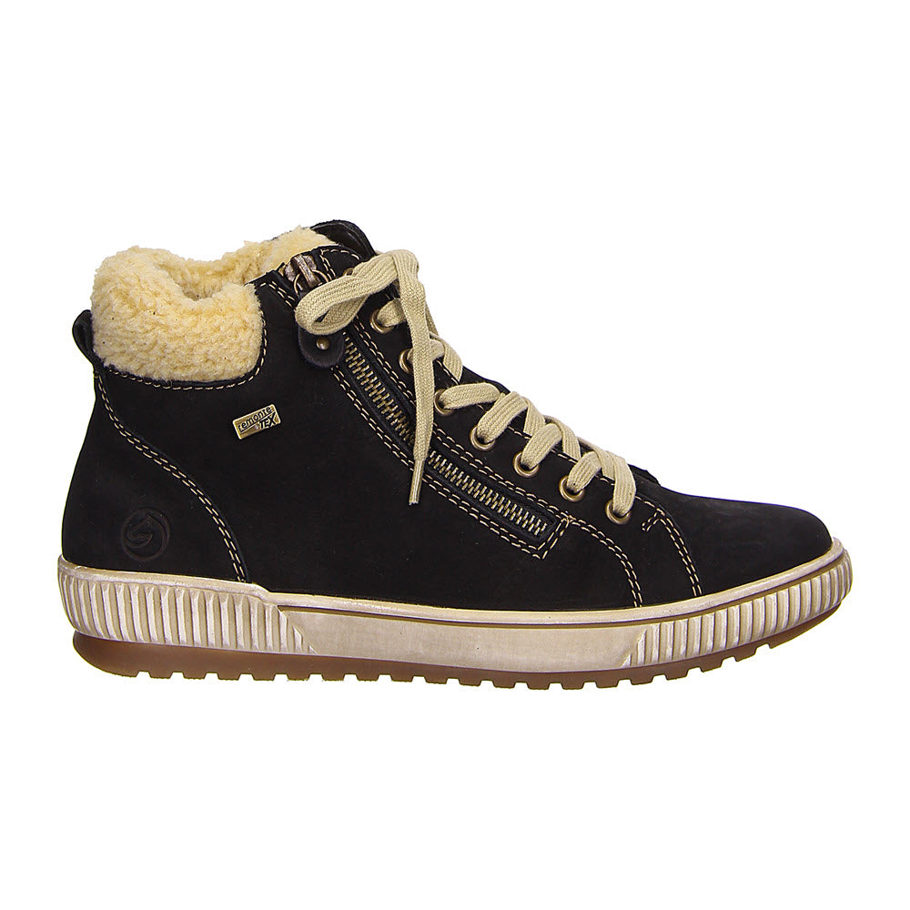 Black high-top Remonte TEDDY COLLAR sneaker with shearling lining and white sole, waterproof.