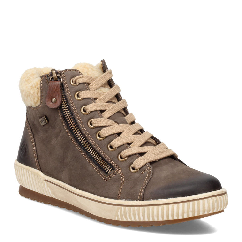 A brown, high-top, lace-up Remonte TEDDY COLLAR HIGHTOP SMOKE GREY Boot with a side zipper and warm fleece lining.