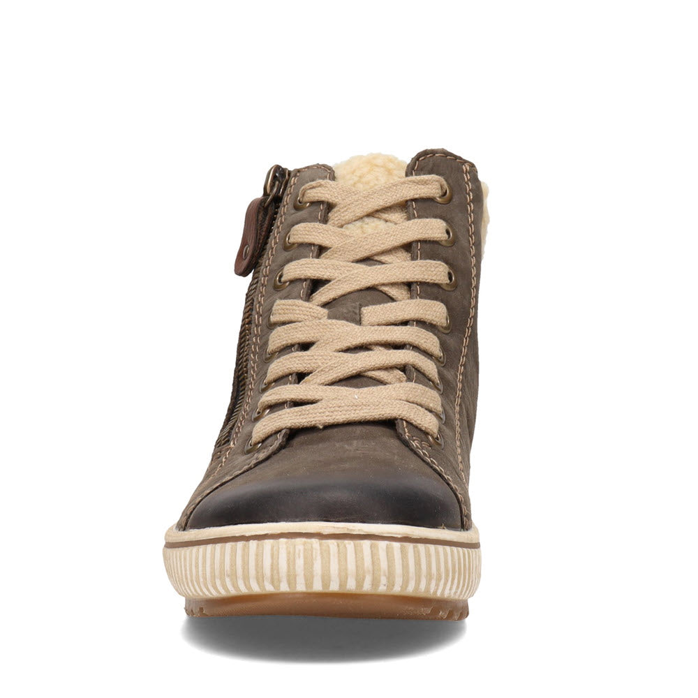 A single brown high-top Remonte REMONTE TEDDY COLLAR HIGHTOP SMOKE GREY Boot displayed against a white background, featuring a warm fleece lining.
