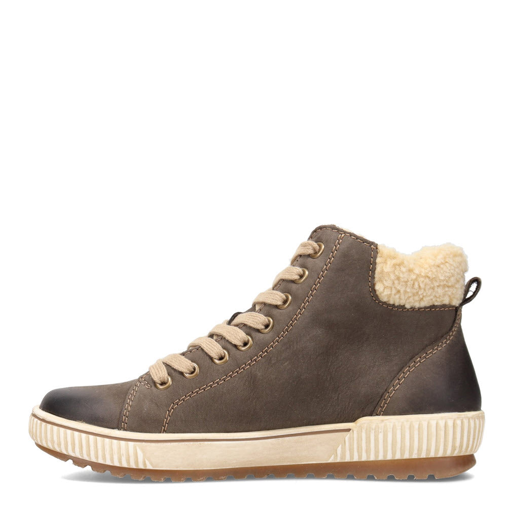 Women&#39;s Remonte TEDDY COLLAR HIGHTOP SMOKE GREY Boot: Brown high-top sneaker with Tex water-resistant membrane and warm fleece lining, featuring a light beige sole.