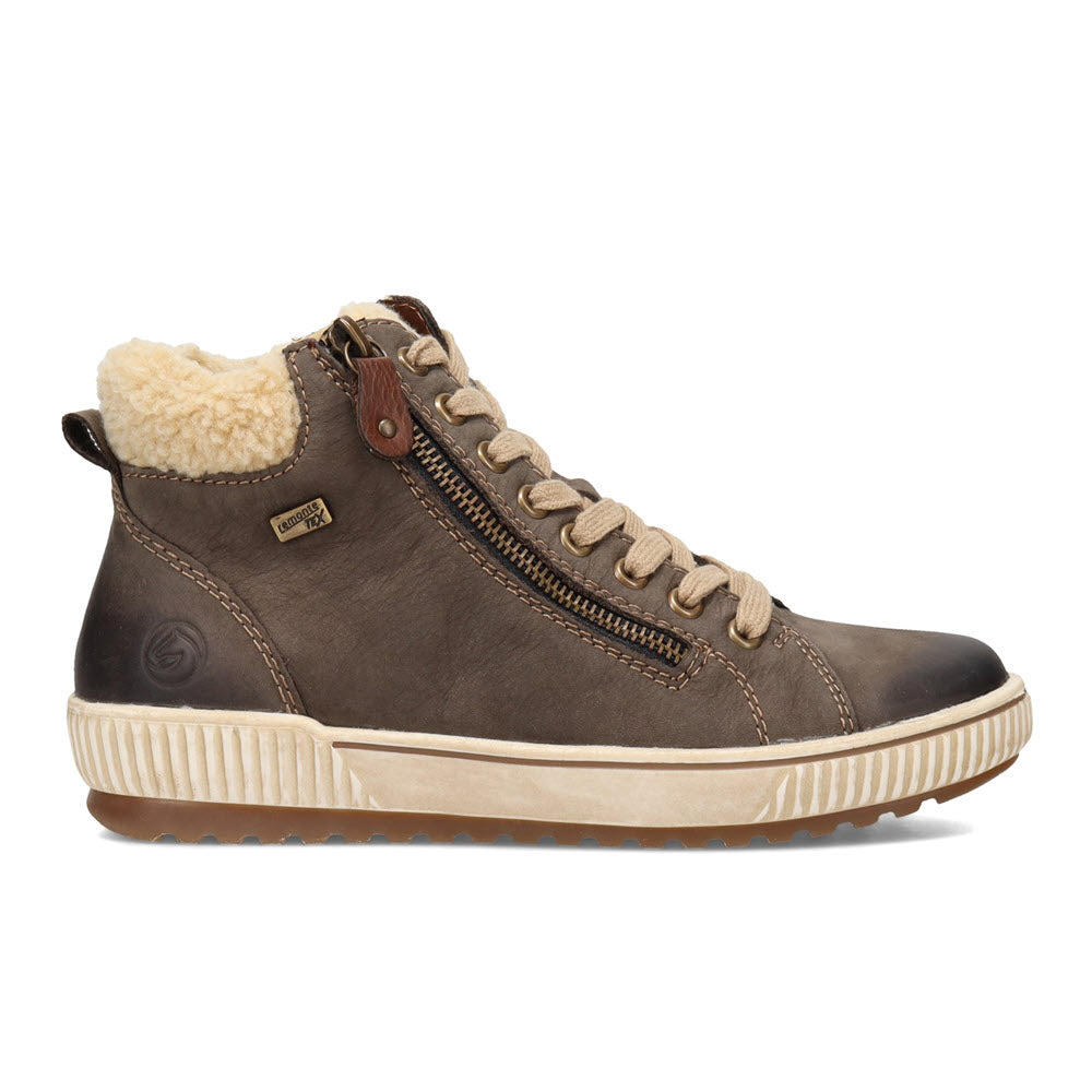 A side view of a brown, Remonte high-top sneaker featuring a Tex water-resistant membrane and warm fleece lining.