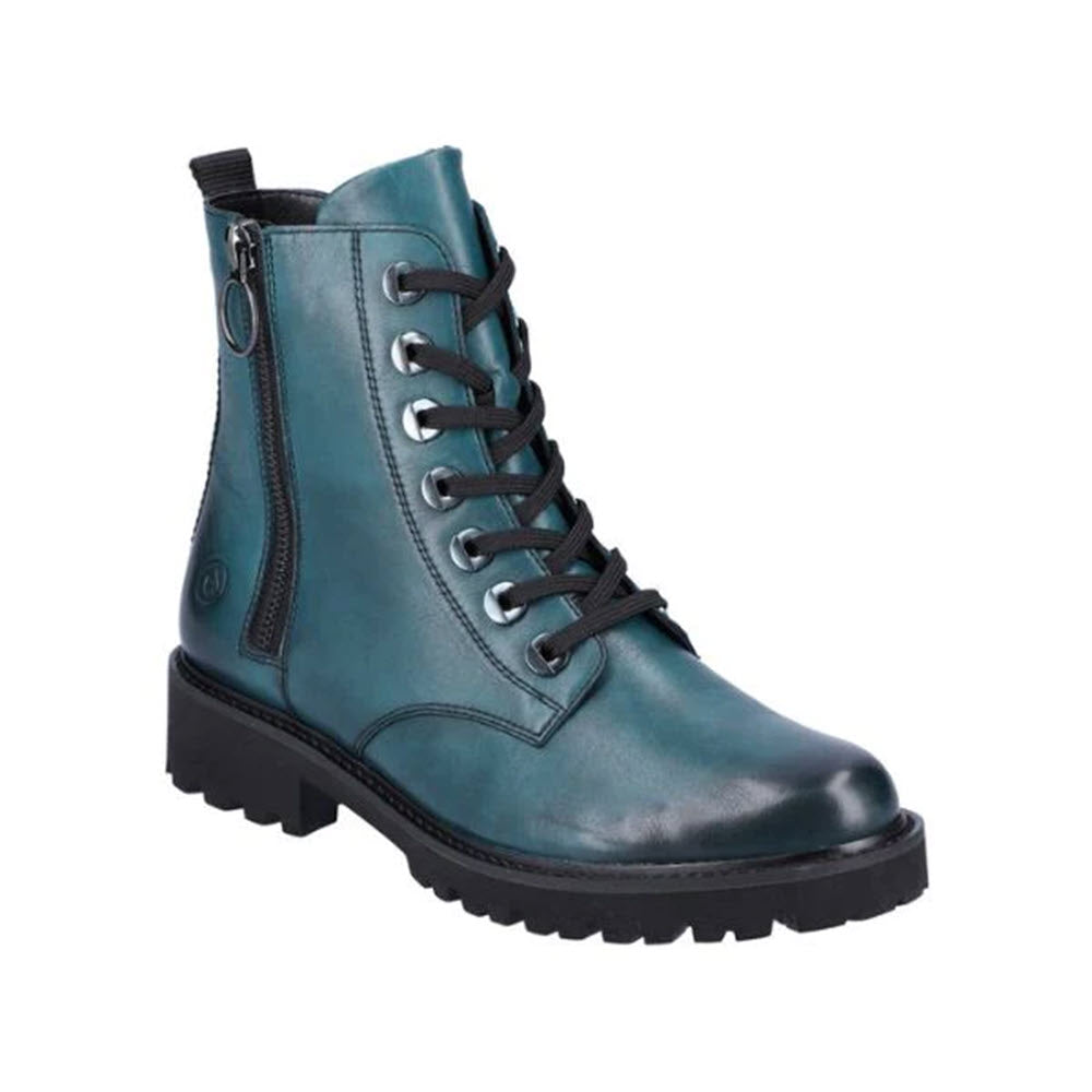 Teal-colored Remonte lug sole combat bootie petrol with side zipper and rugged sole for maximum comfort.