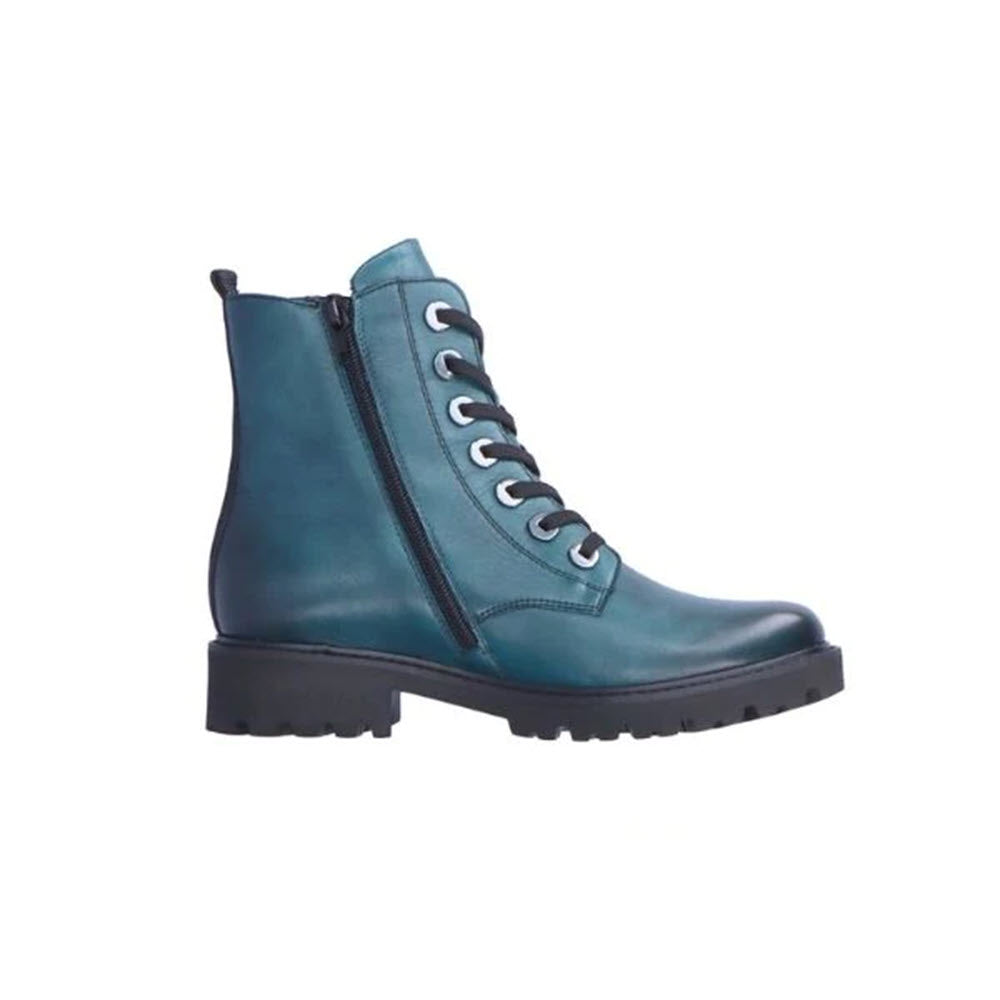 Blue Remonte Lug Sole Combat Bootie Petrol boot with laces and a zipper on a white background, designed for optimum comfort.