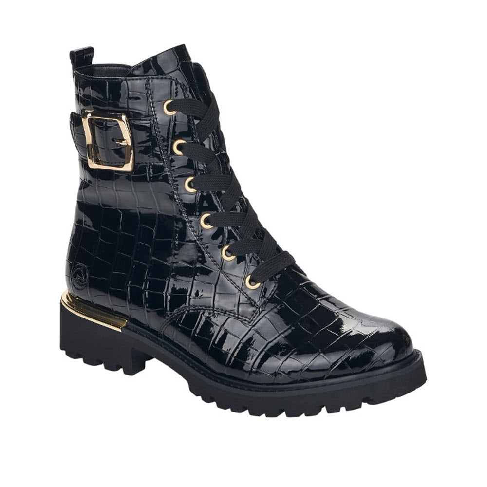 Black patent leather Remonte Lug Sole Combat Bootie with gold buckle detail and lug sole.