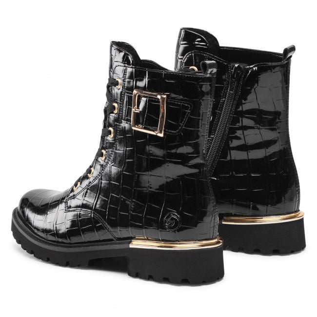 Black patent leather lace-up Remonte Lug Sole Combat Bootie military style boots with gold buckle detail.