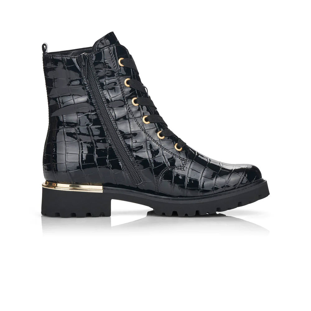 Remonte black patent leather ankle boot with gold-tone hardware and high shine finish.