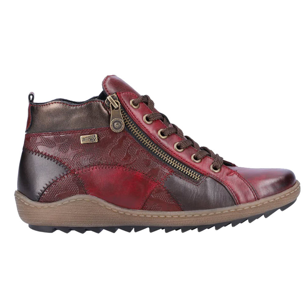A single Remonte REMONTE MIXED MATERIAL HIGH TOP WINE COMBI red and brown leather ankle boot with laces and a side zipper, designed for women&#39;s comfortable shoes.