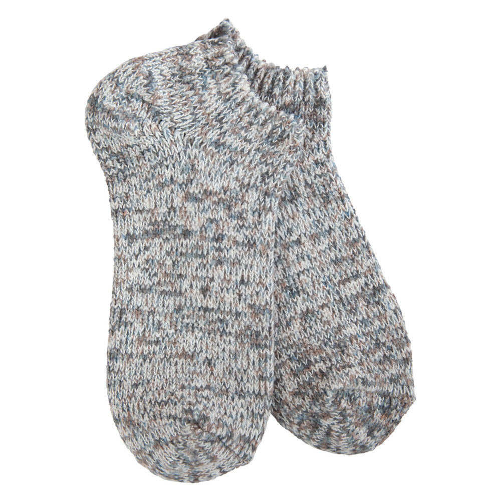 A pair of Worlds Softest ultra-soft, gray knitted socks with a space-dye pattern on a white background.