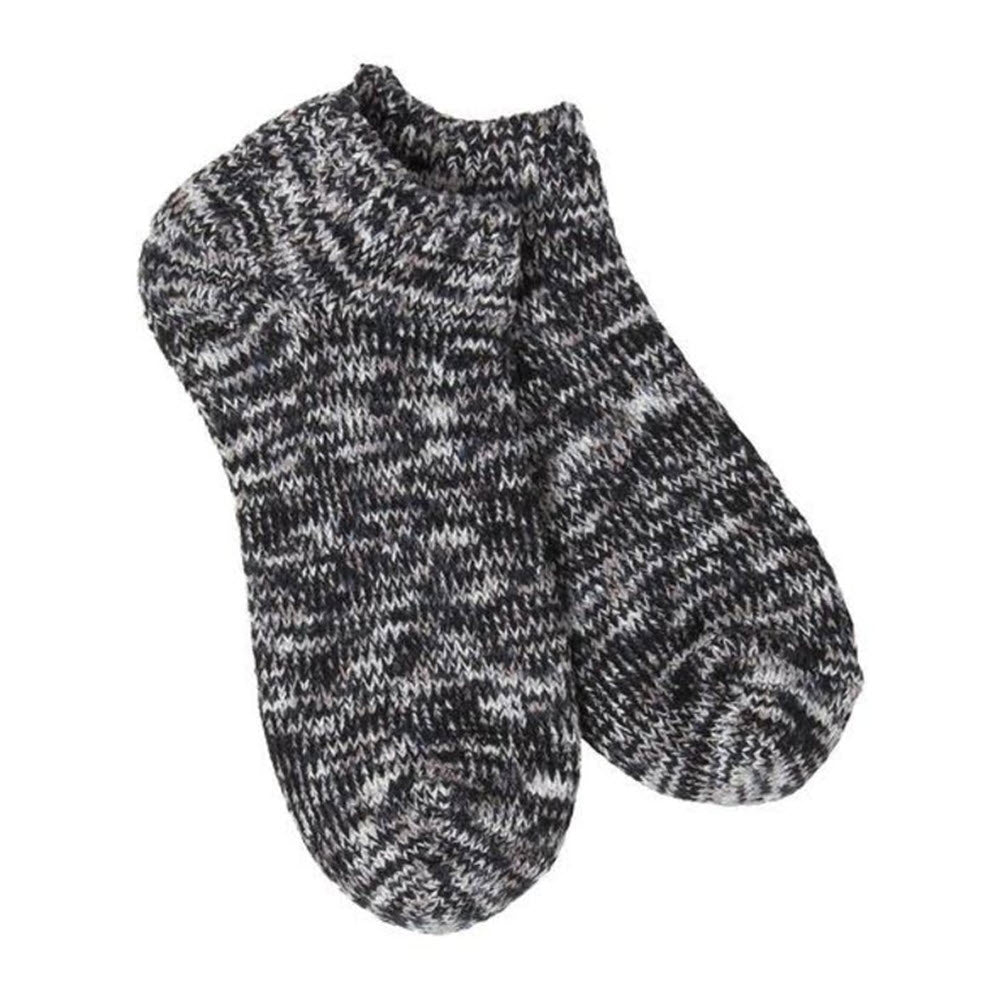 A pair of Worlds Softest ultra-soft gray and black knitted socks.
