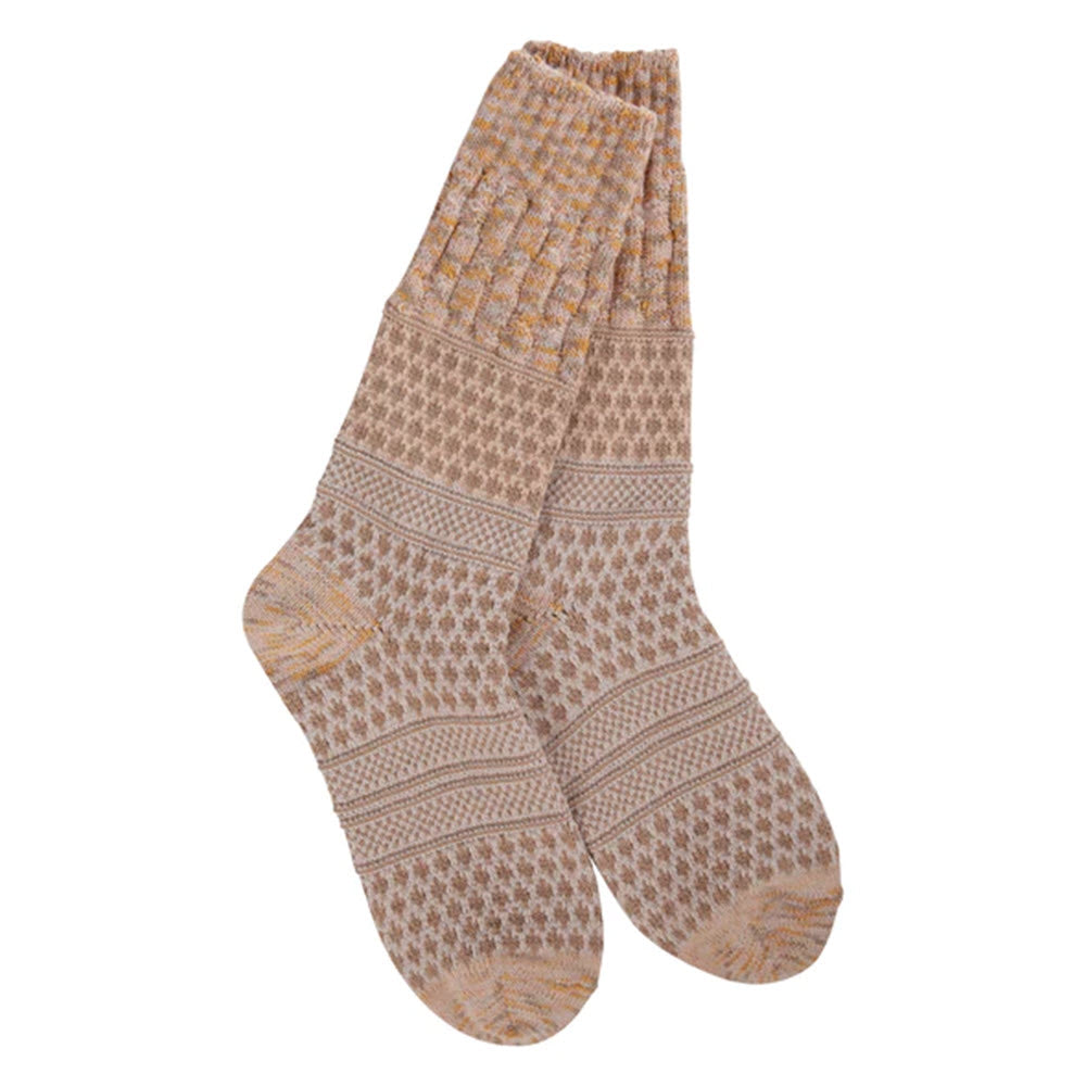 A pair of Worlds Softest Gallery Crew Socks Rose Multi isolated on a white background, part of the Weekend Collection.