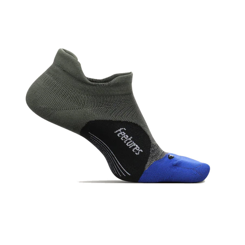 Low-cut FEETURES ELITE ULTRA LIGHT NO SHOW TAB MOSS GREEN sock with a blue toe, black heel, and gray body featuring Ultra Light Cushioning.
