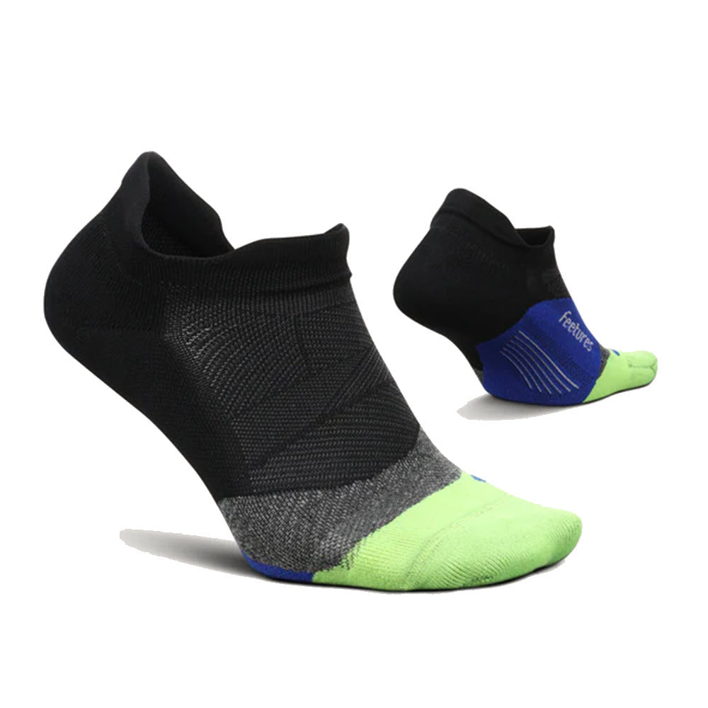 Pair of Feetures Elite Ultra Light No Show Tab Black Neon athletic socks with targeted compression, contrasting heel and toe colors on a white background.